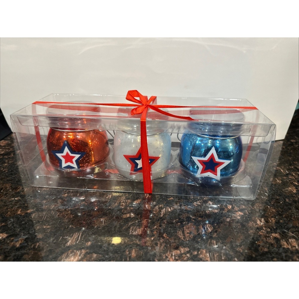 Patriotic Red White Blue Stars Tealight Candle Holders Jars With Handles NEW